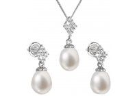 Stříbrná souprava náhrdelníku a náušnic s bílými perlami a zirkony 